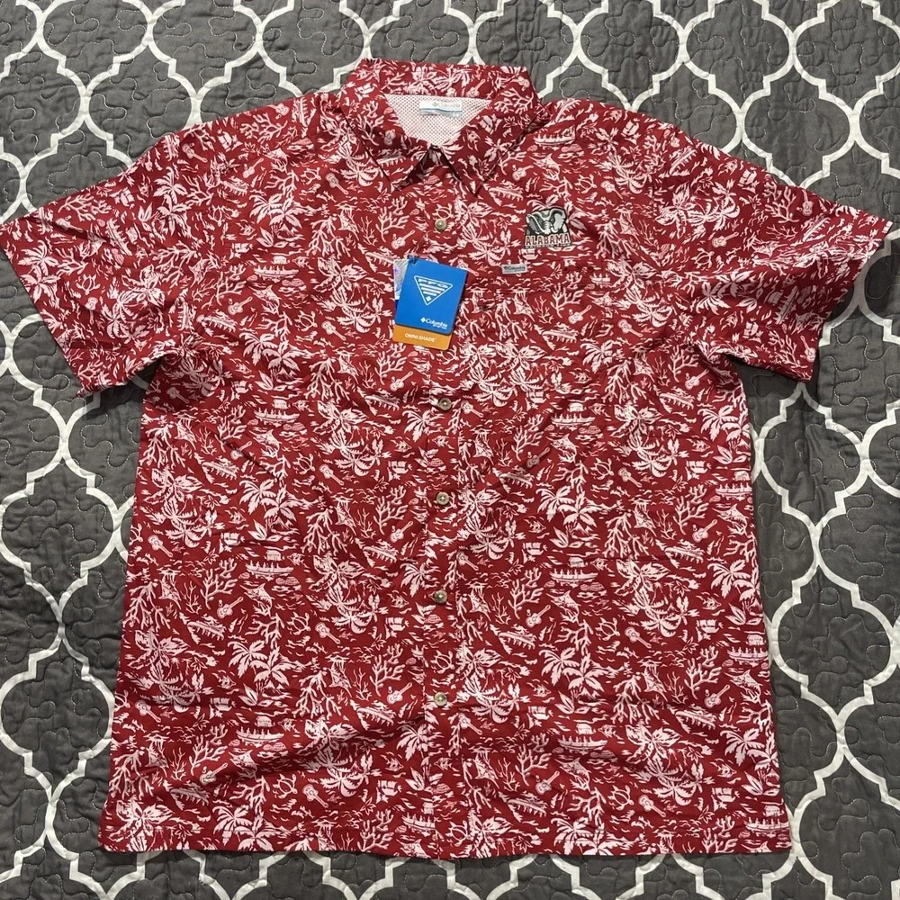 Columbia NCAA‎ Alabama Crimson Tide PFG Full Button Up Red Shirt Men's Sz: L NWT